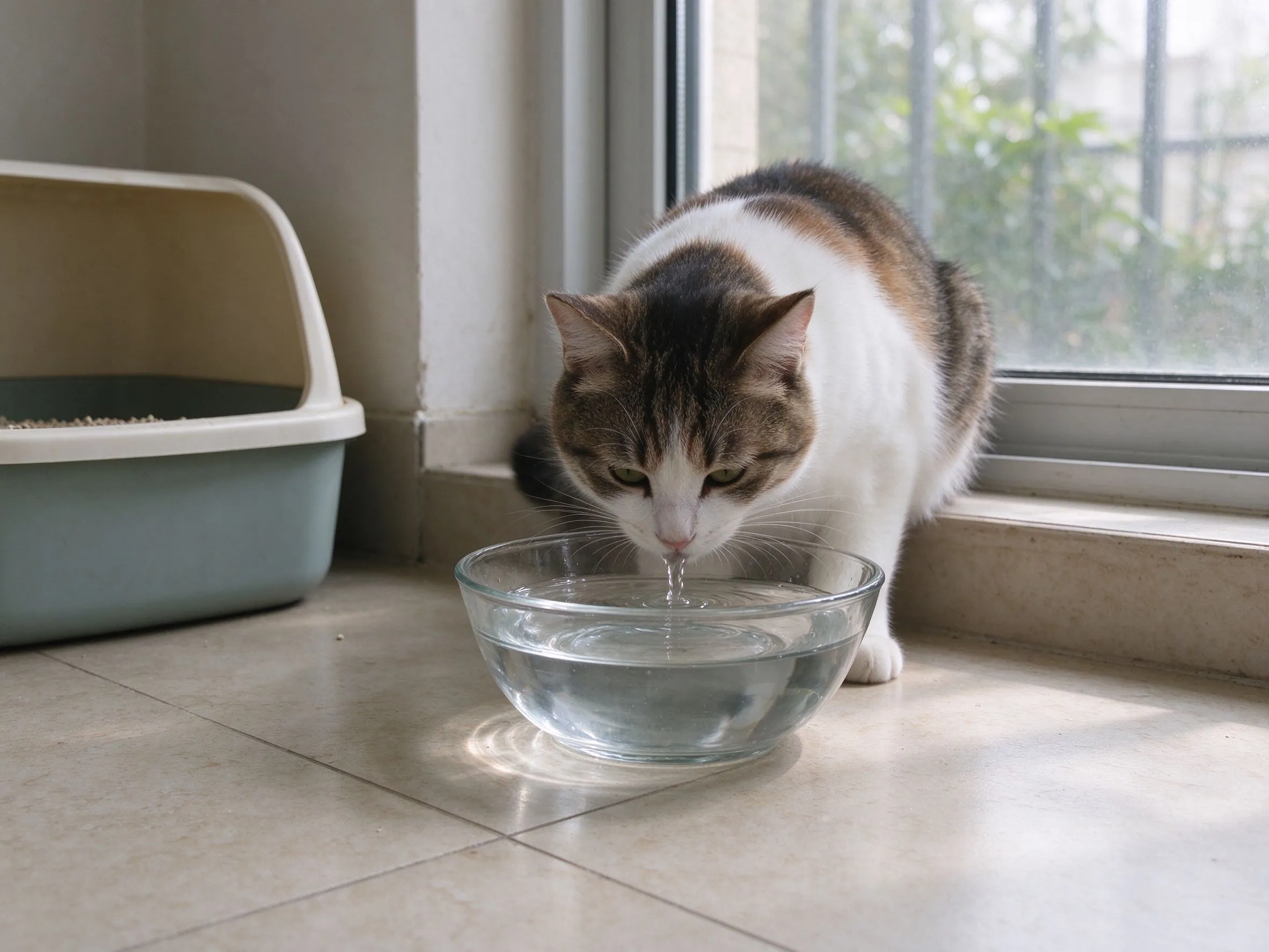 猫低头在玻璃水碗边喝水旁边是猫砂盆的猫咪健康图片