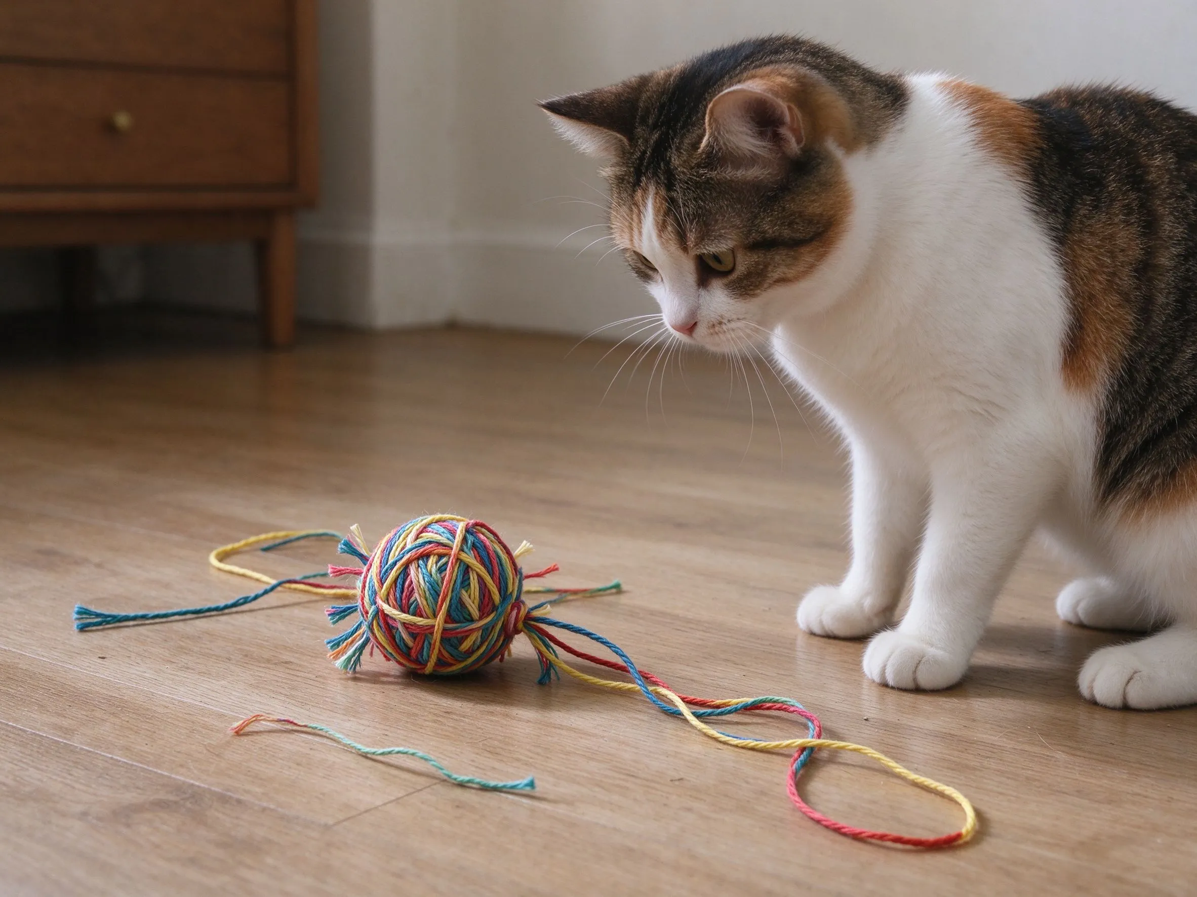 地板棉绳逗猫团和散落细绳猫站旁观察的猫咪安全图片