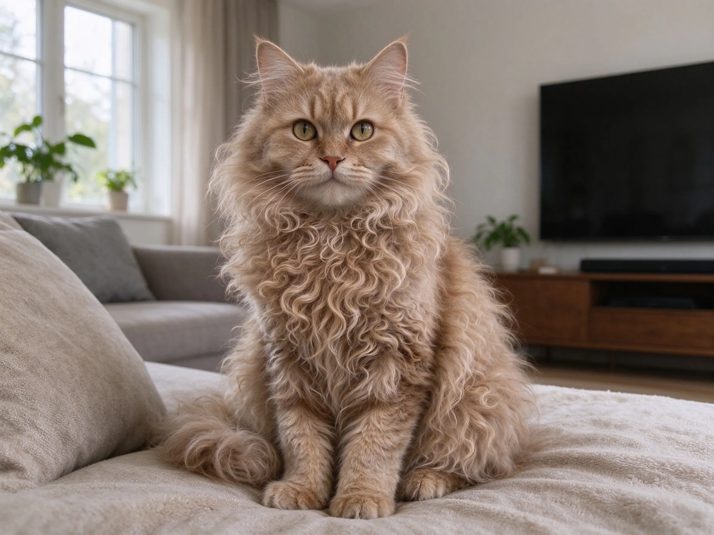 全身蓬松大波浪卷毛浅棕猫坐姿的猫咪品种图片