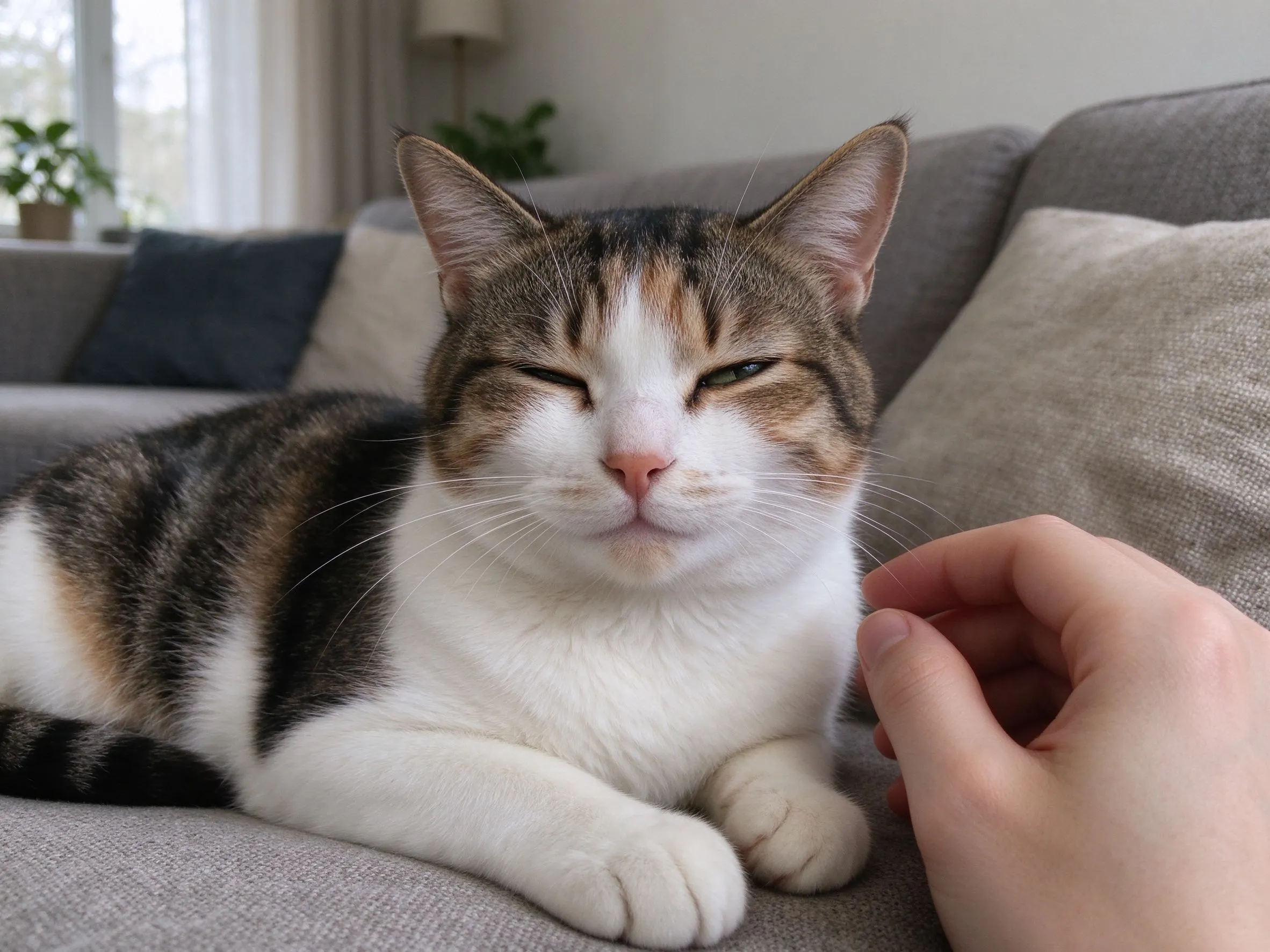 沙发上猫半眯眼温和看向镜头旁边人手轻靠的猫咪行为图片