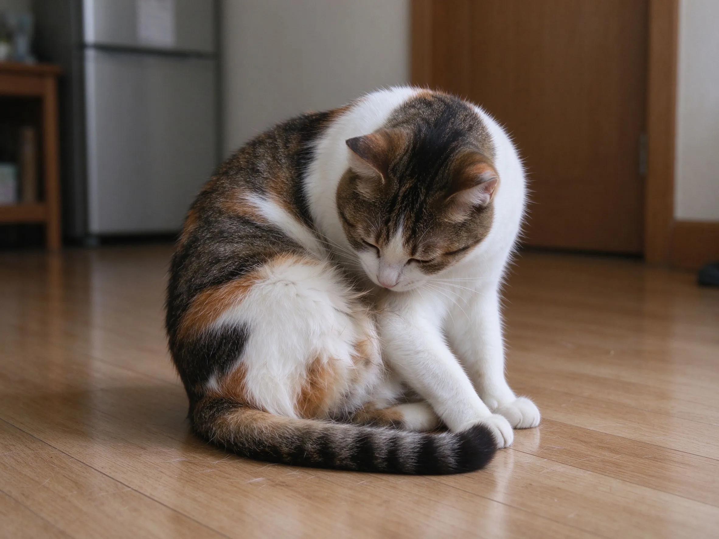 猫坐着低头回头整理后半身毛发的猫咪行为健康图片
