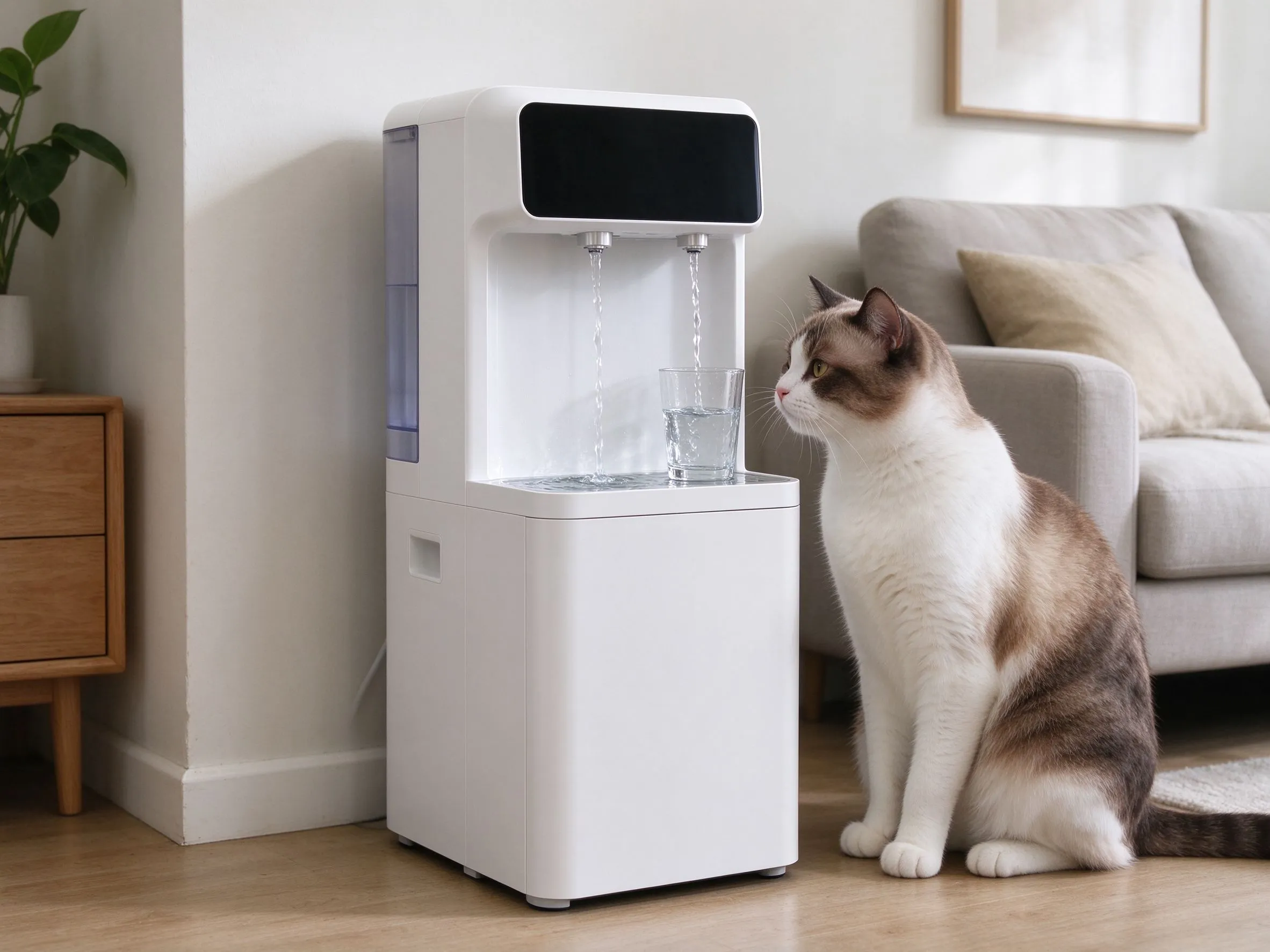 白色循环流动饮水机旁一只猫蹲坐准备喝水的猫咪用品图片