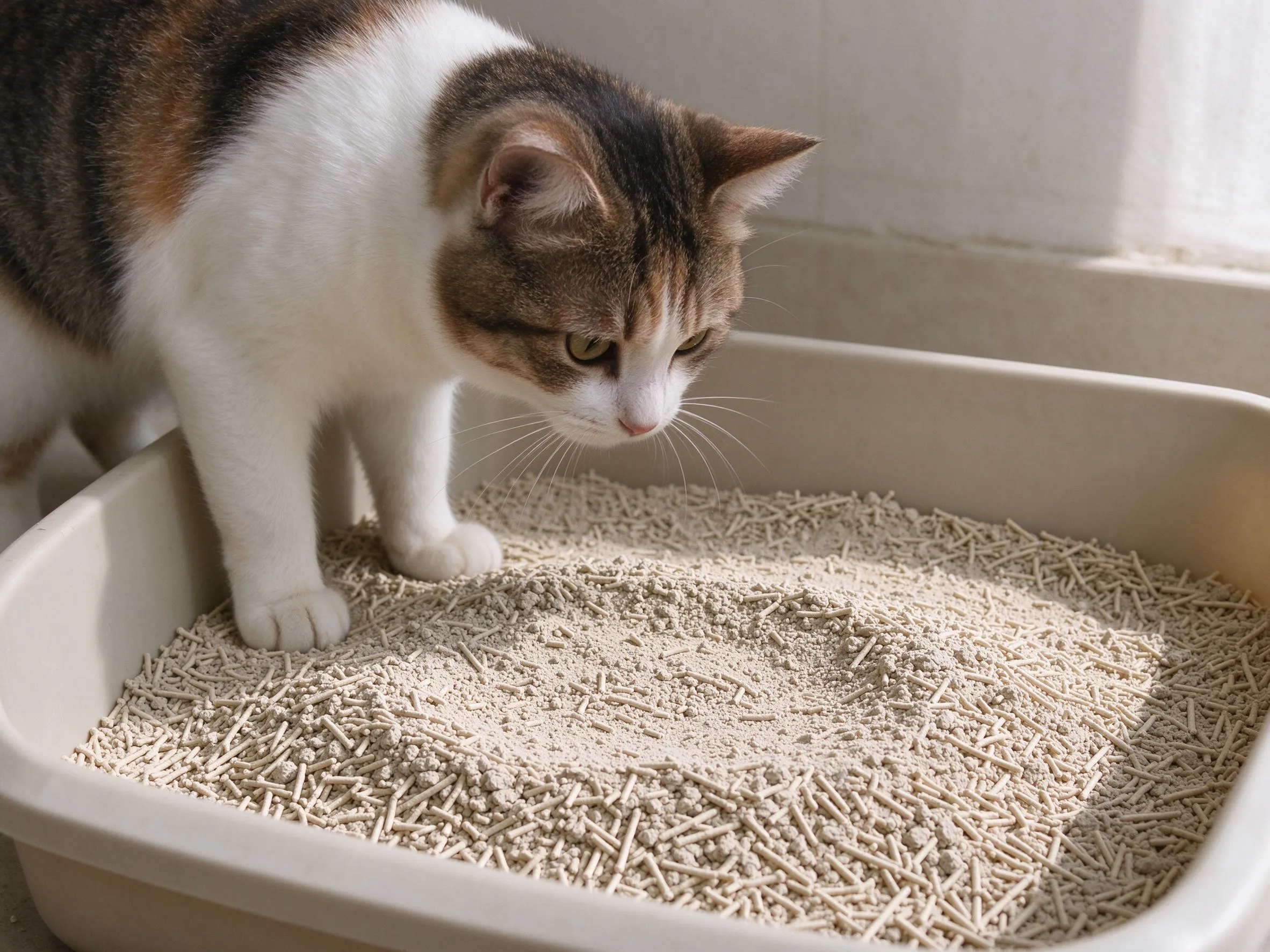 浅色猫砂盆内铺均匀厚度结团豆腐砂猫站盆边看的猫咪用品图片