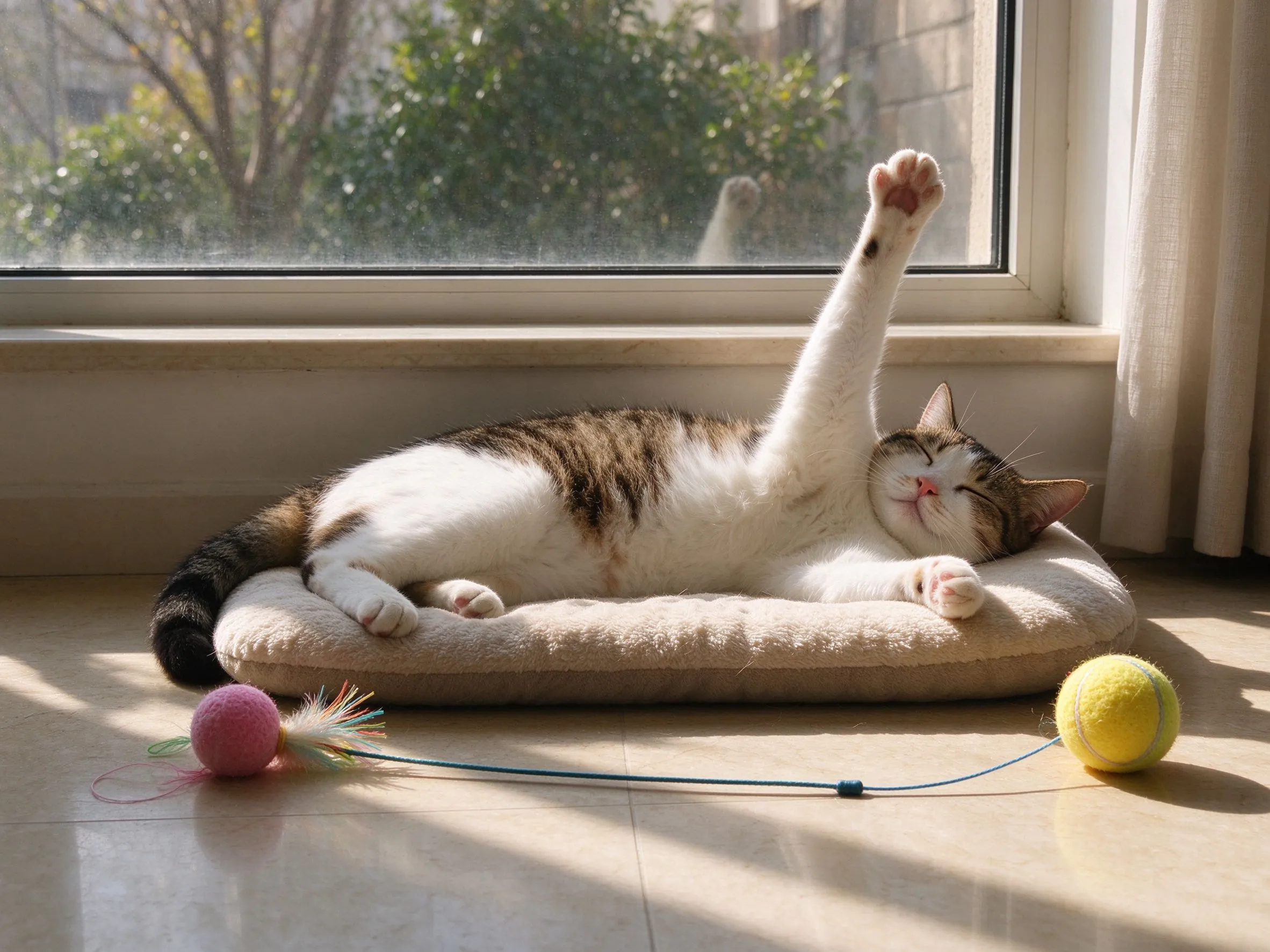 窗边午后猫趴在软垫睡醒伸懒腰旁边有逗猫棒玩具的猫咪行为图片