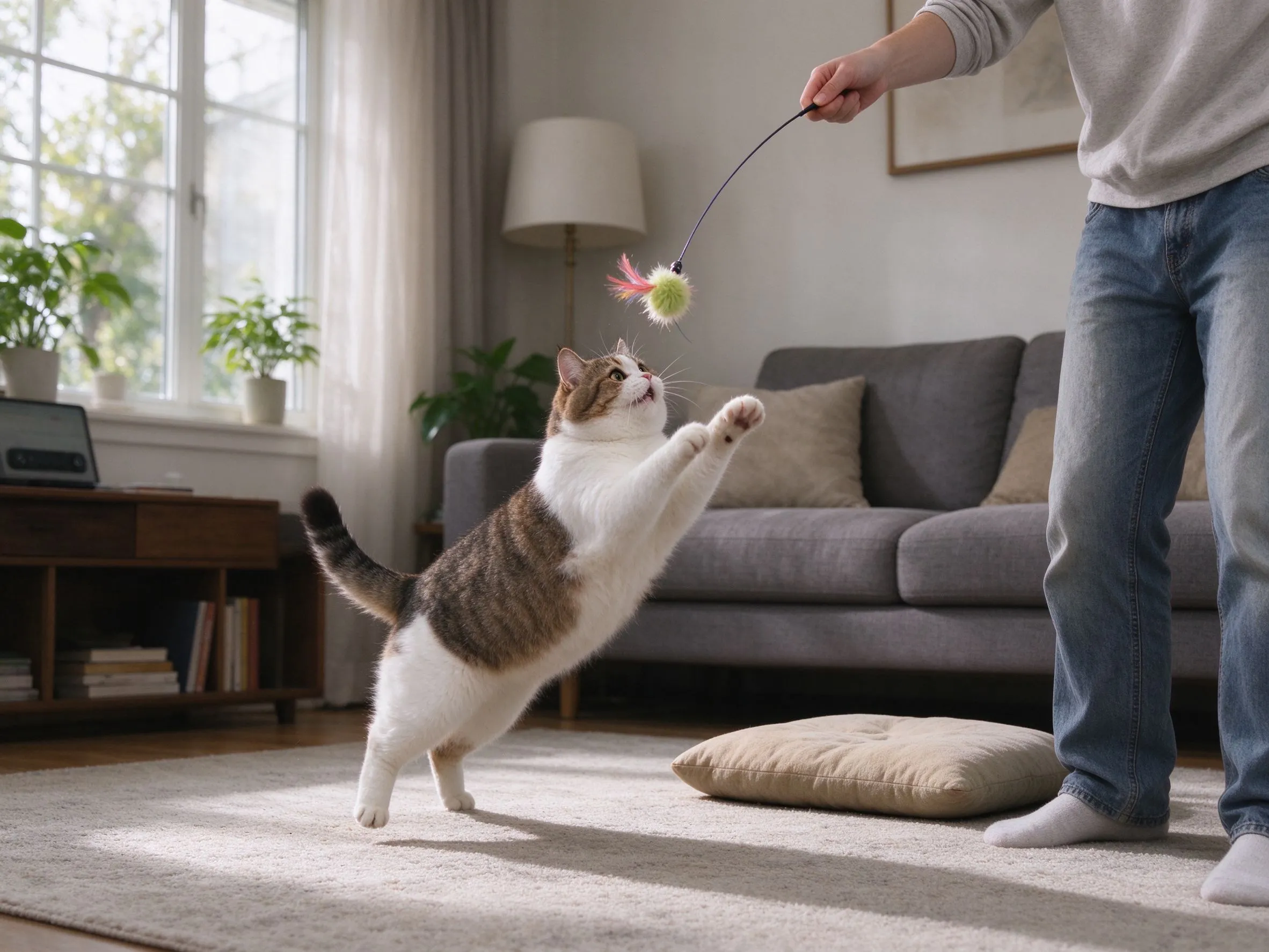 偏圆的猫轻跃起扑向逗猫棒旁有软垫的猫咪健康图片