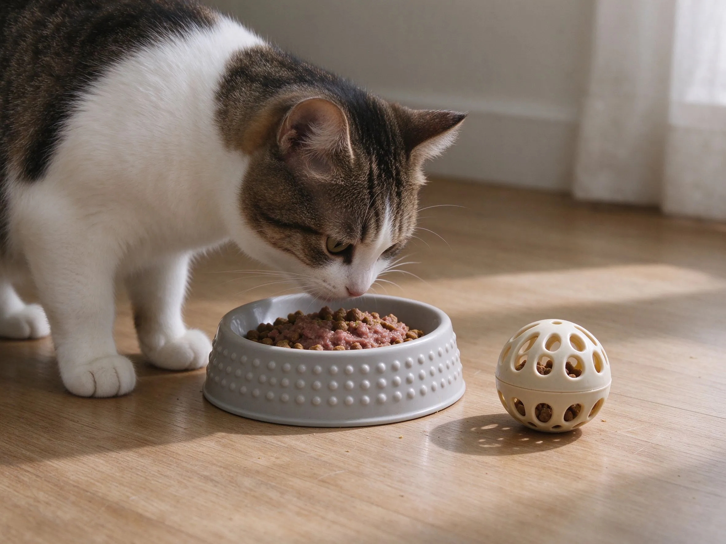 带凸起凹槽的慢食碗和镂空漏食球旁一只猫研究的猫咪用品图片
