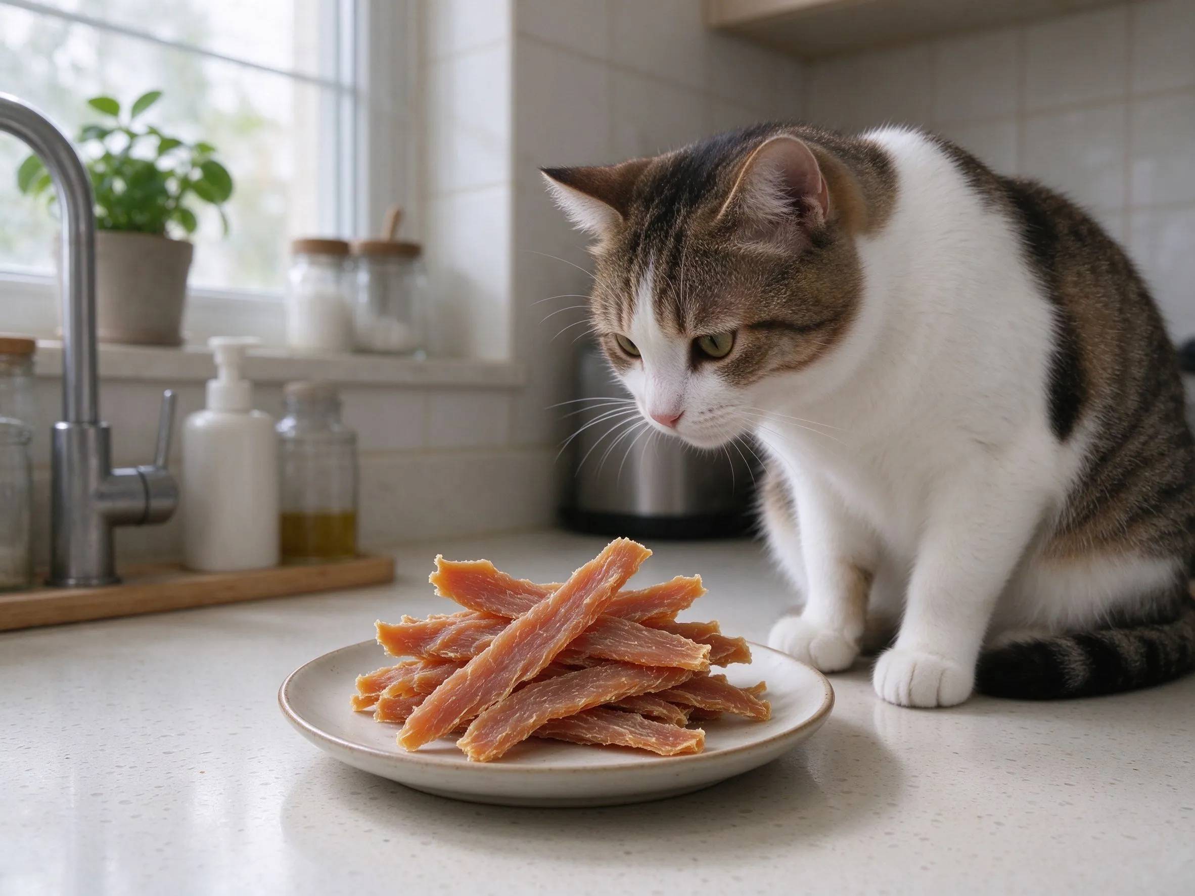 小碟原味鸡胸肉干条无包装旁一只猫凑近闻的猫咪喂养图片