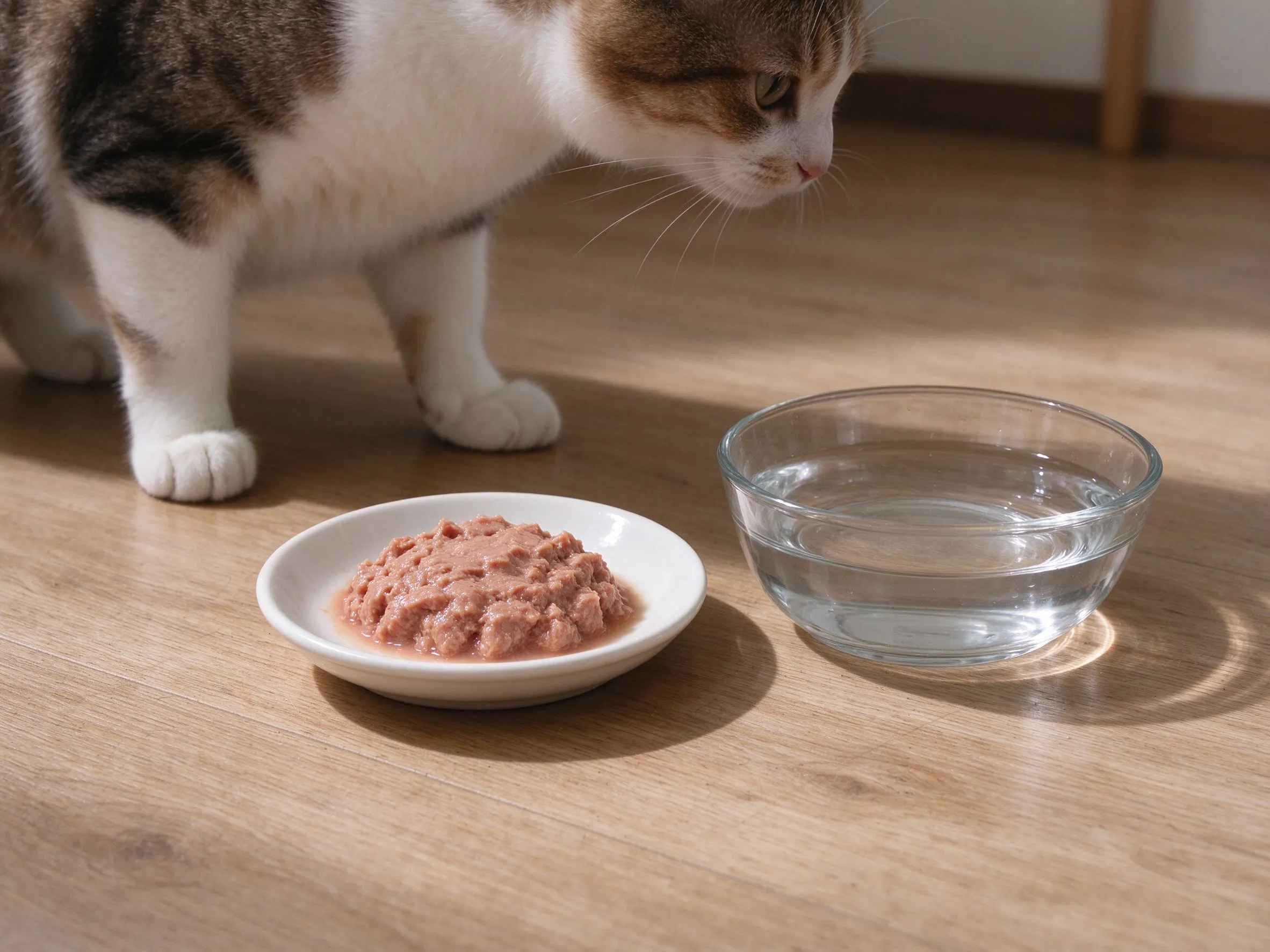 地板上湿润猫湿粮碟和玻璃水碗并排猫站旁的猫咪喂养图片