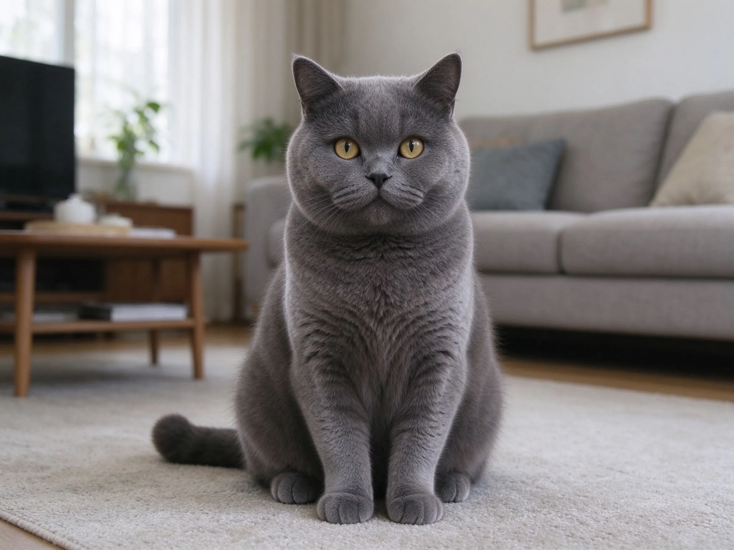 蓝灰色短毛圆脸敦实猫坐姿的猫咪品种图片