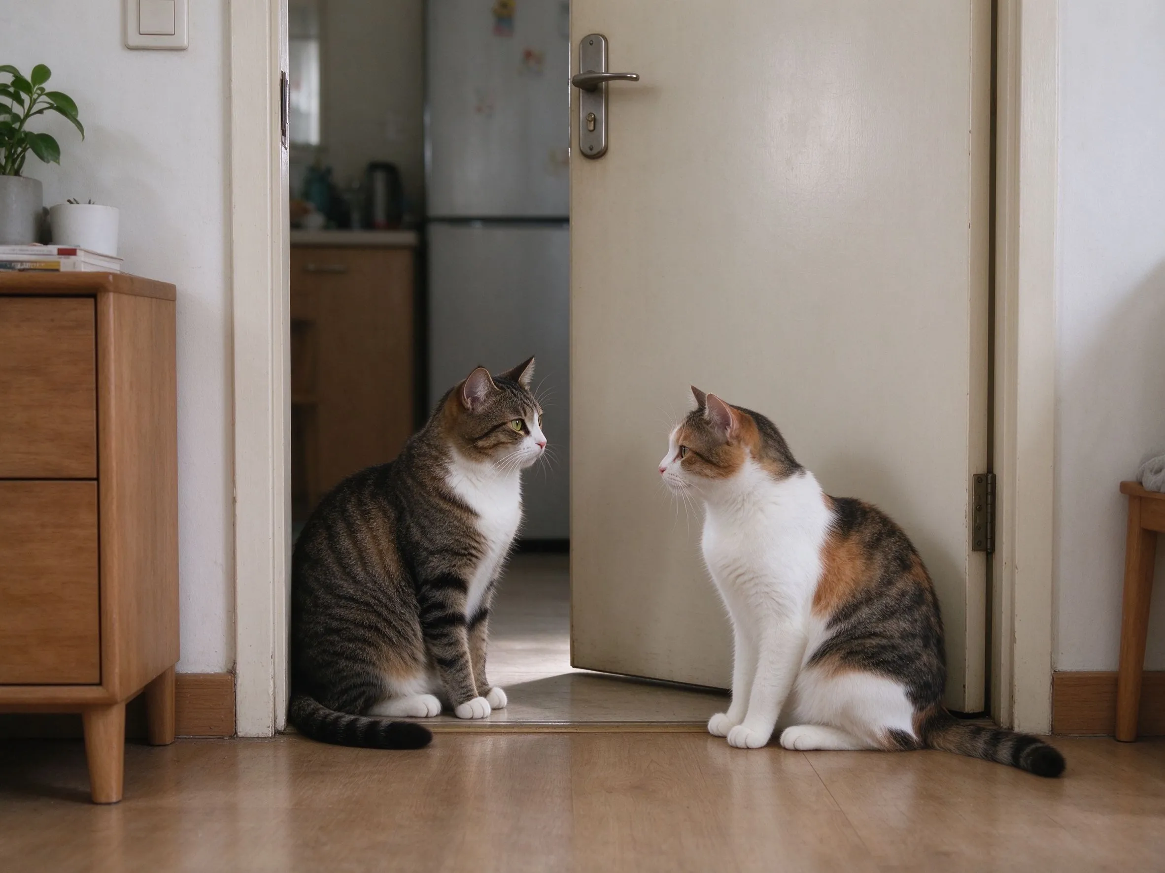 半开房门两侧各一只猫隔门缝安静对望的多猫家庭图片