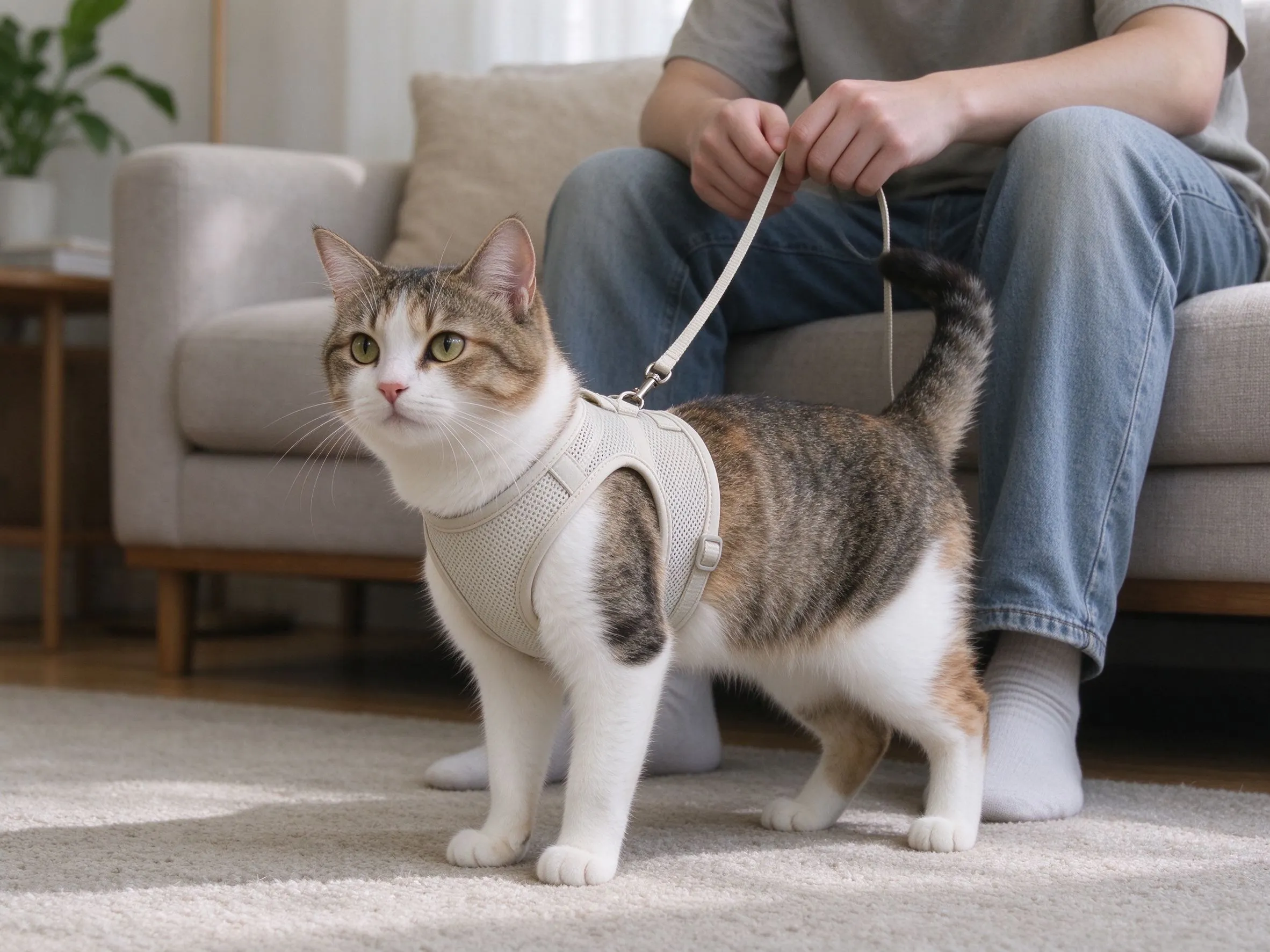 室内一只猫穿轻便浅色胸背带连牵引绳主人坐沙发旁手持的猫咪用品图片