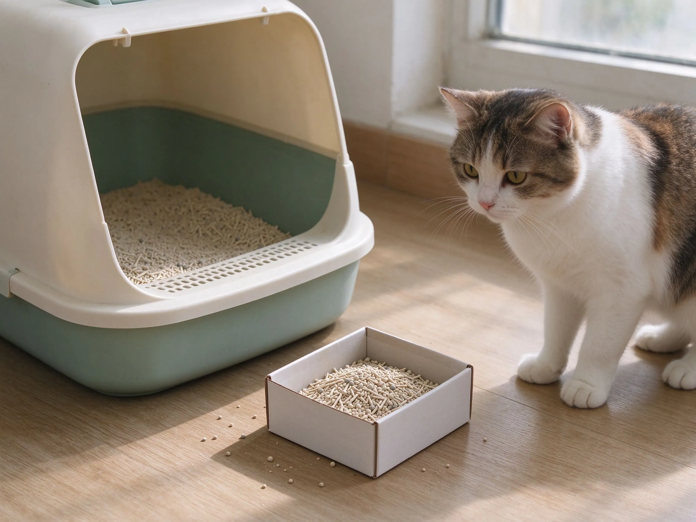 猫砂盆旁敞口小盒装天然颗粒除臭介质一只猫站附近的猫咪用品图片