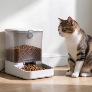 定时自动喂食器装着猫粮旁猫蹲坐等待的猫咪用品图片