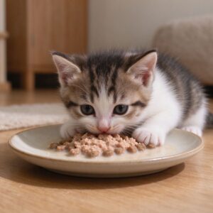 小奶猫趴在浅碟里吃泡软奶糕幼猫粮的猫咪图片