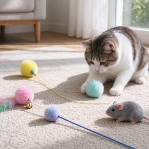 逗猫棒毛球铃铛老鼠玩具散落猫低头玩球的猫咪用品图片
