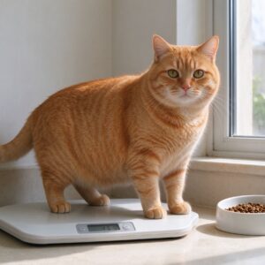 偏胖橘猫站在体重秤旁旁边控制分量食碗的猫咪图片