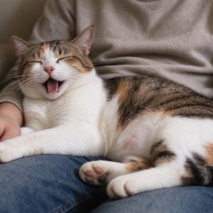 猫放松趴在主人腿上闭眼打呼噜腹部起伏的猫咪图片