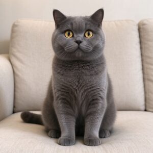蓝灰色圆脸英国短毛猫端坐看镜头的猫咪图片