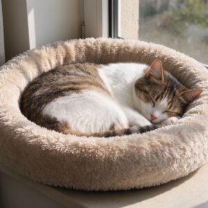 柔软圆形毛绒猫窝里猫蜷成一团睡觉的猫咪图片