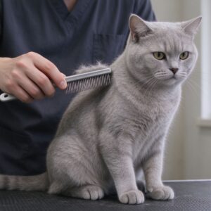 主人用排梳给灰色短毛猫梳浮毛的猫咪图片
