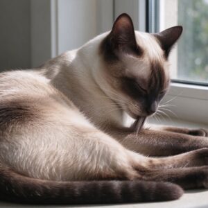 短毛猫侧躺窗边安静梳理毛发的猫咪图片