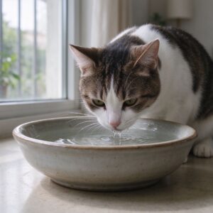 短毛家猫在窗边水盆边喝水的猫咪图片