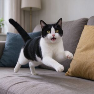 黑白花奶牛猫在客厅沙发边活泼跳跃的猫咪图片