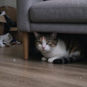 猫紧张躲在沙发底下角落警惕张望的猫咪图片
