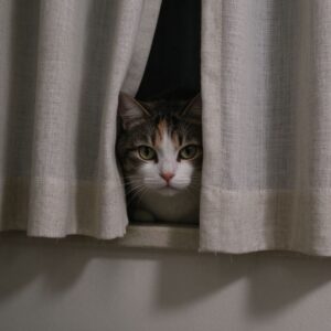 猫紧张躲在窗帘后面只露出半张脸探头看的猫咪图片