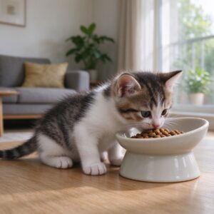 小奶猫在陶瓷饭碗边吃幼猫粮的猫咪图片