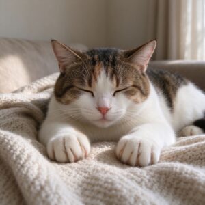 猫眯眼趴在针织毯子上前爪交替按压踩奶的猫咪图片