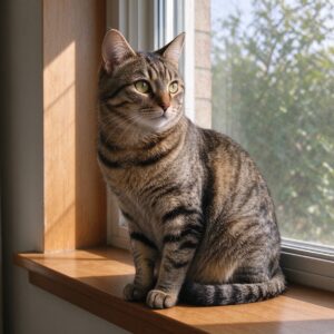 虎斑狸花猫坐在窗台上望向窗外的猫咪图片