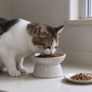 一只家猫在陶瓷食盆前安静吃猫粮的猫咪图片