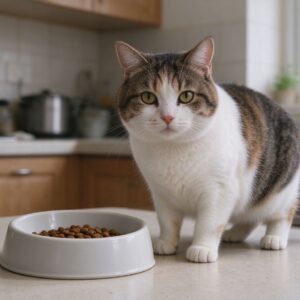 体态微圆的家猫站在猫粮碗旁的猫咪图片