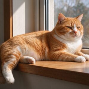 圆脸橘猫趴在木质窗台上晒太阳的猫咪图片