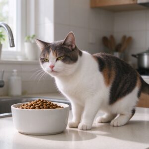短毛猫面对满碗猫粮扭头走开不肯吃的猫咪图片