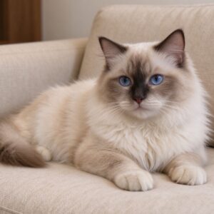 长毛蓝眼布偶猫趴在米色沙发上的猫咪图片