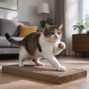猫站在瓦楞纸猫抓板上伸前爪抓挠的猫咪图片