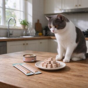 桌上摆着猫条冻干和罐头旁边一只猫盯着看的猫咪图片