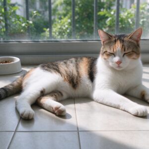 夏天一只猫舒展趴在凉爽瓷砖地面上懒懒不动的猫咪图片