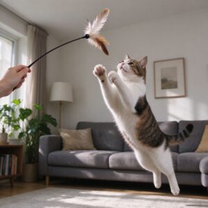 人手持羽毛逗猫棒家猫跃起伸爪扑抓的猫咪图片